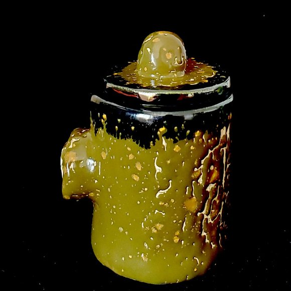 Handmade Small Ceramic Stash Jar with Elephant in Crackled Army Green Glaze with - Picture 2 of 13